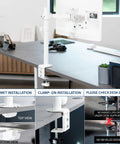 Heavy Hitter Single Monitor Desk Mount With Smooth Tilt And Swivel For Screens Up To 32 Inch Or 38 Inch Ultrawide Displays showcasing clamp-on and grommet installation options.