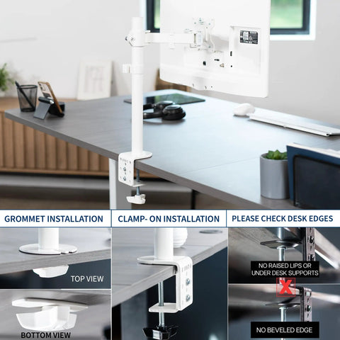 Heavy Hitter Single Monitor Desk Mount With Smooth Tilt And Swivel For Screens Up To 32 Inch Or 38 Inch Ultrawide Displays showcasing clamp-on and grommet installation options.