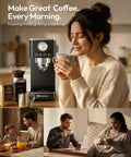 Slick No Fuss Espresso Machine With Built In Milk Frother And 20 Bar Italian Pump For Fast One Touch Shots At Home Perfect For Beginners Hitting Their Morning Caffeine Fix on kitchen countertop with user enjoying coffee.