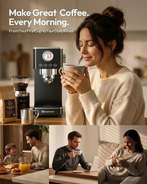 Slick No Fuss Espresso Machine With Built In Milk Frother And 20 Bar Italian Pump For Fast One Touch Shots At Home Perfect For Beginners Hitting Their Morning Caffeine Fix on kitchen countertop with user enjoying coffee.