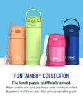 Four colorful thermos products from the Funtainer Collection, featuring water bottles and food jars in orange, green, pink, and blue.