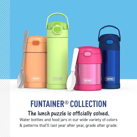 Four colorful thermos products from the Funtainer Collection, featuring water bottles and food jars in orange, green, pink, and blue.