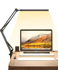 Clamp On Swing Arm LED Desk Lamp with 80 LED Beads 5 Color Modes and 11 Brightness Levels lighting a desk with laptop