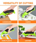 Powerful Cordless Electric Scissors For Heavy Duty Cardboard Cutting With Rechargeable Battery slicing through cardboard, fabric, hard plastic, and leather.