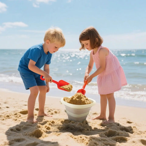 Children playing with sand beside 5L Collapsible Bucket With Durable Handle For Car Washes And Window Cleaning Grab And Go Water Pot