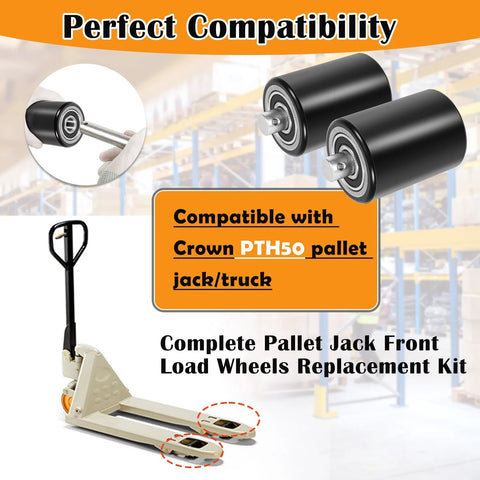 Front Load Pallet Jack Wheels Replacement Kit For PTH50, Pair Front Load Rollers 2.78 By 3.75 Inch, Preinstalled Bearings And Axles
