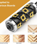Tough As Nails Heavy Duty Double Bearing Flush Trim Router Bit With 14 Pc TiN Coated Carbide Inserts And 1/2 Inch Shank on various board types.