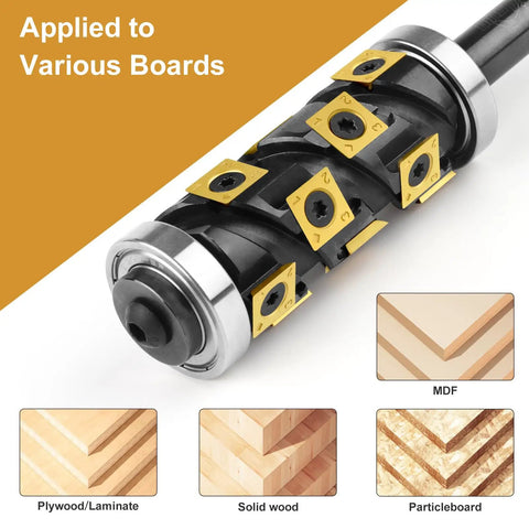 Tough As Nails Heavy Duty Double Bearing Flush Trim Router Bit With 14 Pc TiN Coated Carbide Inserts And 1/2 Inch Shank on various board types.