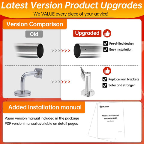Comparison of old and upgraded Heavy Duty Stainless Steel Pipe Handrail Five Foot Long Two Inch Outside Diameter features.