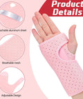 2 Pack Carpal Tunnel Wrist Braces For Night Use, cushioned pink brace with breathable mesh and enhanced thumb hole.