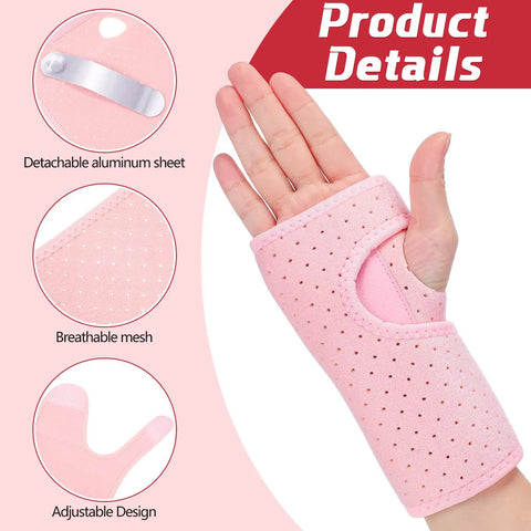 2 Pack Carpal Tunnel Wrist Braces For Night Use, cushioned pink brace with breathable mesh and enhanced thumb hole.