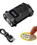 Ultra Compact 600 Lumen Keychain Flashlight USB C Rechargeable EDC Light With Three Color Temperatures, cable, and sticker