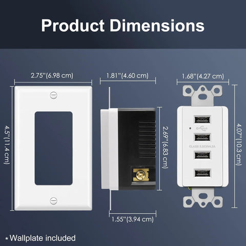 Dimensions of 4 Port USB Wall Charging Outlet For Fast Power Up Your Gear, 4.2A Total 21W High Speed Type A Ports, UL Listed, White