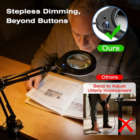 Man using 10X Magnifying Glass With Light And Stand For Close Work, adjustable lamp arm, 4.3-inch lens on a book
