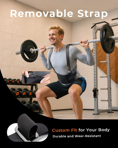 Man lifting weights while wearing Breathable Work Back Brace With Removable Suspenders For Men And Women in gym setting
