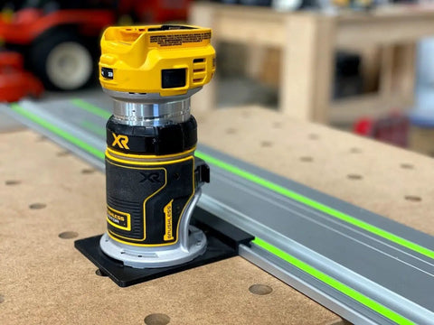 Slick Guide Rail Adapter For Trim Routers Hella Accurate Straight Cuts And Dados Compatible With Most Router Brands Uses Stock Screws Dead Simple Setup Made In Usa Woodworking Essential on trim router over metal track.