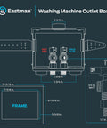 Diagram of Dual Drain Washing Machine Outlet Box With Push To Connect Brass Fittings, 1/2 Inch Crimp PEX To 3/4 Inch MHT, includes dimensions