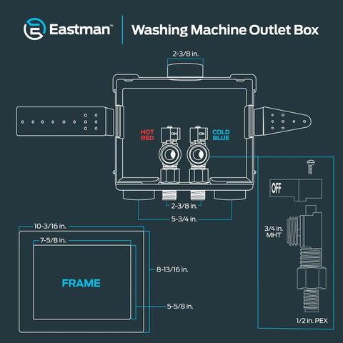 Diagram of Dual Drain Washing Machine Outlet Box With Push To Connect Brass Fittings, 1/2 Inch Crimp PEX To 3/4 Inch MHT, includes dimensions