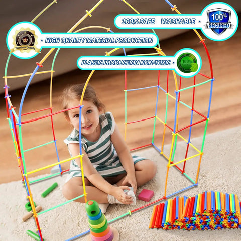 Child playing with Straw Constructor Building Kit With 600 Pieces, STEM Plastic Tubes and Interlocking Blocks, house structure