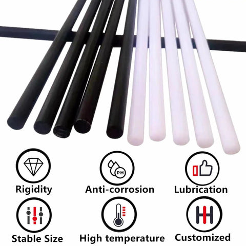 2-Pack POM-C Acetal Copolymer Round Rods Three-Quarters Inch Diameter, 10 Inch Length, Go-To High-Strength Engineering Plastic For Gears Bearings And Bushings, Non-Marring Fixture Material, Low Friction Wear-Resistant, Opaque White And Black rods with rigidity and lubrication icons