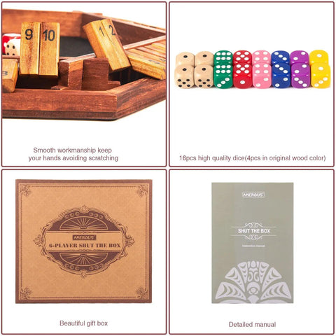 Upgraded Shut The Box Dice Game For 1 To 6 Players With Wooden Board And 16 Dice, featuring wooden board, dice, gift box, manual.