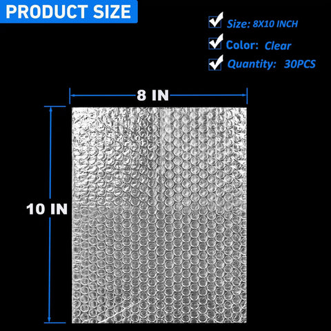 Pro Grade Protective Bubble Pouch Wrap Bags 8x10 Inch 30 Pack, Double Wall Thick Shockproof Clear Cushioning Bags dimensions