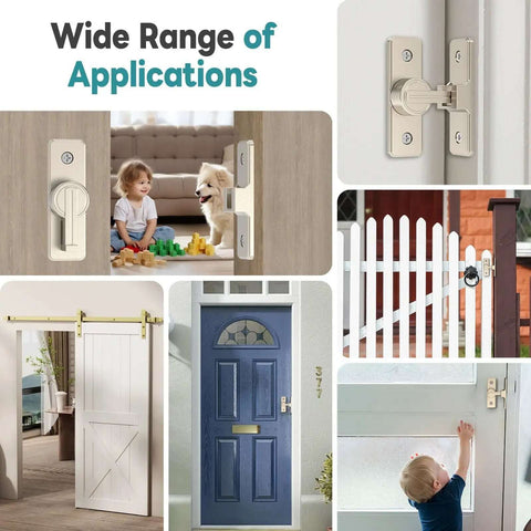 Heavy Duty 90 Degree Barn Door Lock With Zinc Alloy Build for diverse installations shown on barn door, bathroom, and fence