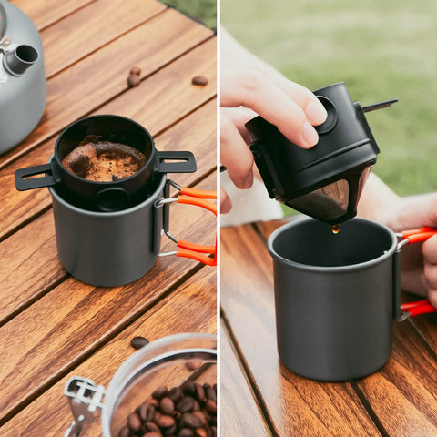 Brewing coffee with 1.2L Camping Coffee Pot Set With Kettle, Mug And Percolator For Stove Top Brewing, durable aluminum kit
