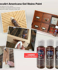 Gel Stain Wood Kit Three Pack With Walnut Oak Maple 2 Ounce Cans And Included Foam Brushes For Easy Gel Stain Finish Color Mixing On Any Wood Projects Like Furniture Cabinets And Decor DIY Friendly featured in collage with wood applications and product bottles.