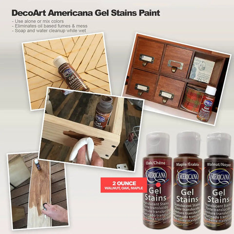 Gel Stain Wood Kit Three Pack With Walnut Oak Maple 2 Ounce Cans And Included Foam Brushes For Easy Gel Stain Finish Color Mixing On Any Wood Projects Like Furniture Cabinets And Decor DIY Friendly featured in collage with wood applications and product bottles.