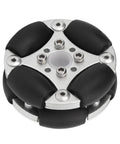 Double aluminum omni wheel with six black rollers, front view for robotics projects.