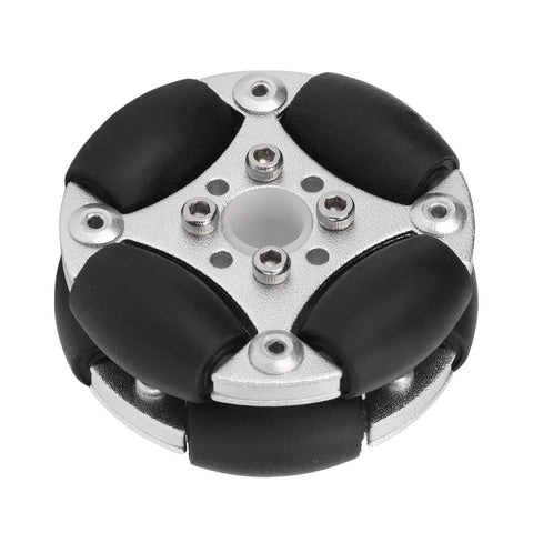 Double aluminum omni wheel with six black rollers, front view for robotics projects.