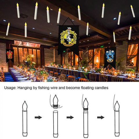 24 Pack Flameless Taper Candles With LED Flicker hanging in a decorated dining room, creating a floating candle effect for ambiance.