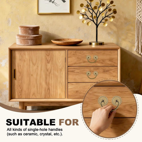 Six Pack Brass Cabinet Knob Backplates on wooden drawers, vintage flower shape decorative washers, bronze tone hardware detail