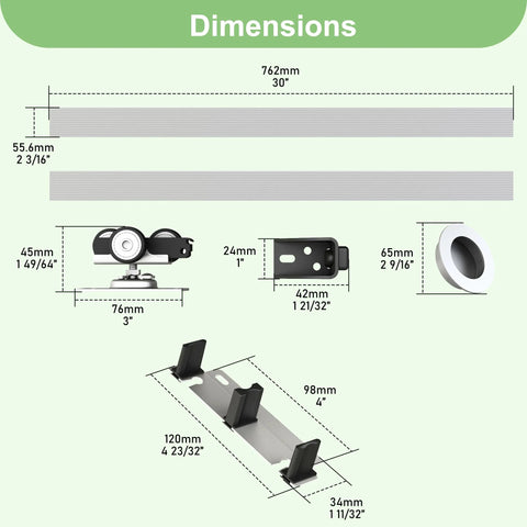 Dimensions and components of 5 Foot 60 Inch Bypass Door Hardware Kit with Aluminum Double Closing Sliding Closet Doors