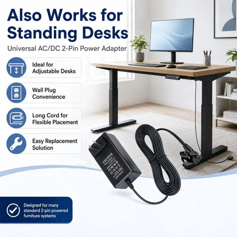 29V 24V 2A Universal Recliner Power Supply Plug In Adapter For Electric Chair Sofa Couch Lift Motor Standing Desk Replacement Wall Cord close-up on power adapter with long cord shown in office setting.