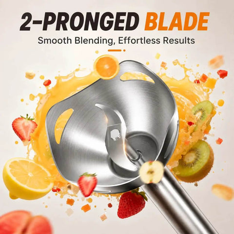 Hella Smooth Corded Immersion Blender With Two Knockout Speeds And A Beefy Copper Motor For Effortless Soup Puree Sauce Blending Paired With Stainless Steel Blades For Zero Fuss Kitchen Prep Magic 2-pronged stainless steel blade surrounded by blended fruits.