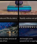 Close-up of Clean And Wash Hygiene Wet And Dry Hard Floor Cleaner cleaning debris, spills, hair with dual action mop vacuum.