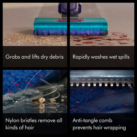Close-up of Clean And Wash Hygiene Wet And Dry Hard Floor Cleaner cleaning debris, spills, hair with dual action mop vacuum.