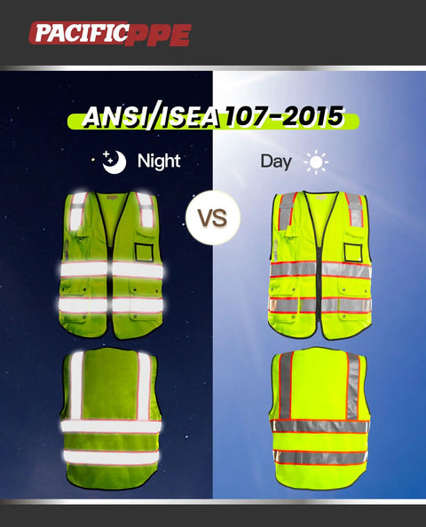 Heavy Duty Class 2 High Visibility Reflective Safety Vest With Ten Pockets And Zipper Closure Lightweight Breathable Polyester Workwear, displayed in day and night visibility.