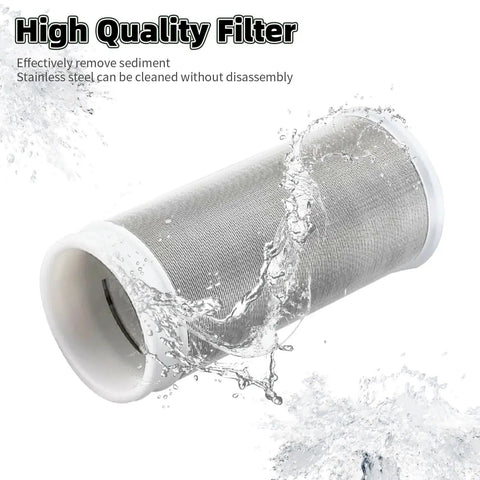 Reusable Brass Inline Sediment Filter With 40 Micron Mesh And 12 GPM High Flow For Washer Heater RV Hose, showing stainless steel mesh and water flow.