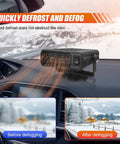 Ditch The Morning Frost 12V Car Heater And Windshield Defogger showing rapid defrosting with adjustable 360-degree head in car.