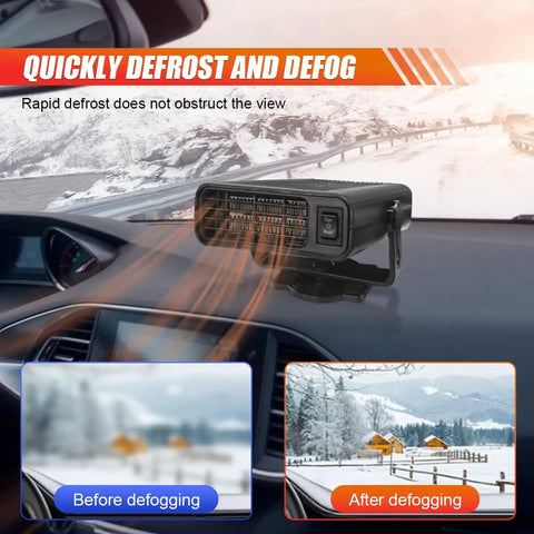 Ditch The Morning Frost 12V Car Heater And Windshield Defogger showing rapid defrosting with adjustable 360-degree head in car.