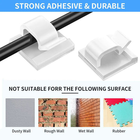 Upgraded 50 Pack Cable Clips With Strong Adhesive Tapes not suitable for dusty, rough, wet walls or rubber surfaces