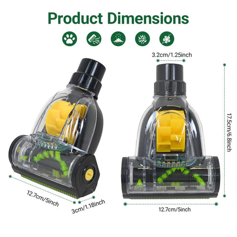 Universal Mini Turbo Brush Attachment For 32mm To 35mm Vacuum Cleaners shown with dimensions and yellow brush detail