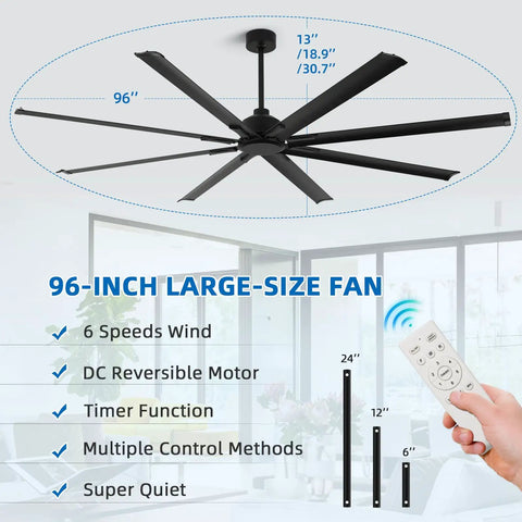 96 Inch Industrial Ceiling Fan Without Lights With 8 Reversible Aluminum Blades, 6 Speed Remote Control, shown with specs