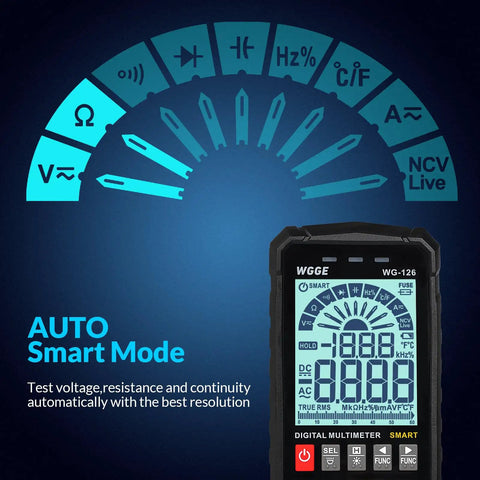 Smart Auto Ranging Digital Multimeter TRMS 6000 Counts Handy Electrical Tester display with auto-ranging and icons.