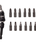 Front view of DEWALT 14-piece pivot bit holder set with magnetic bit holder and screwdriver bits