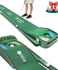 Indoor And Outdoor Golf Putting Mat With Realistic Green Speed And Dual Hazard Velvet Surface Ball Return 8ft Practice Putting Mat For Home And Office Includes Ball Return Track Interchangeable Backboards Lightweight ABS Great Gift For Golfers showing velvet green surface, ball on mat, and golfer putting