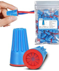 Hand holding blue Waterproof IP65 Wire Electrical Connectors 22 AWG To 14 AWG showing silicone fill, pack of 50 visible.